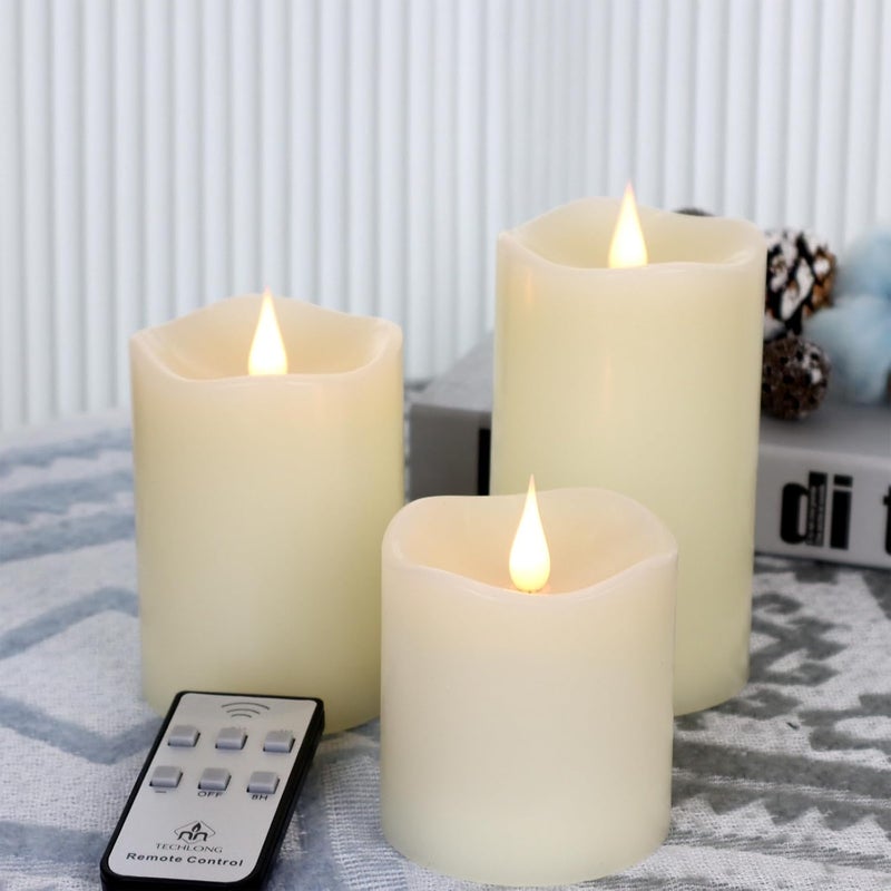 TECHLONG Flameless Candles Battery Operated with Remote Timer, 3D Moving Flame Flickering, Last 600+ Hours Battery Candles, Set of 3 Ivory Real Wax Electric LED Candle for Wedding Party Decor - Image 1